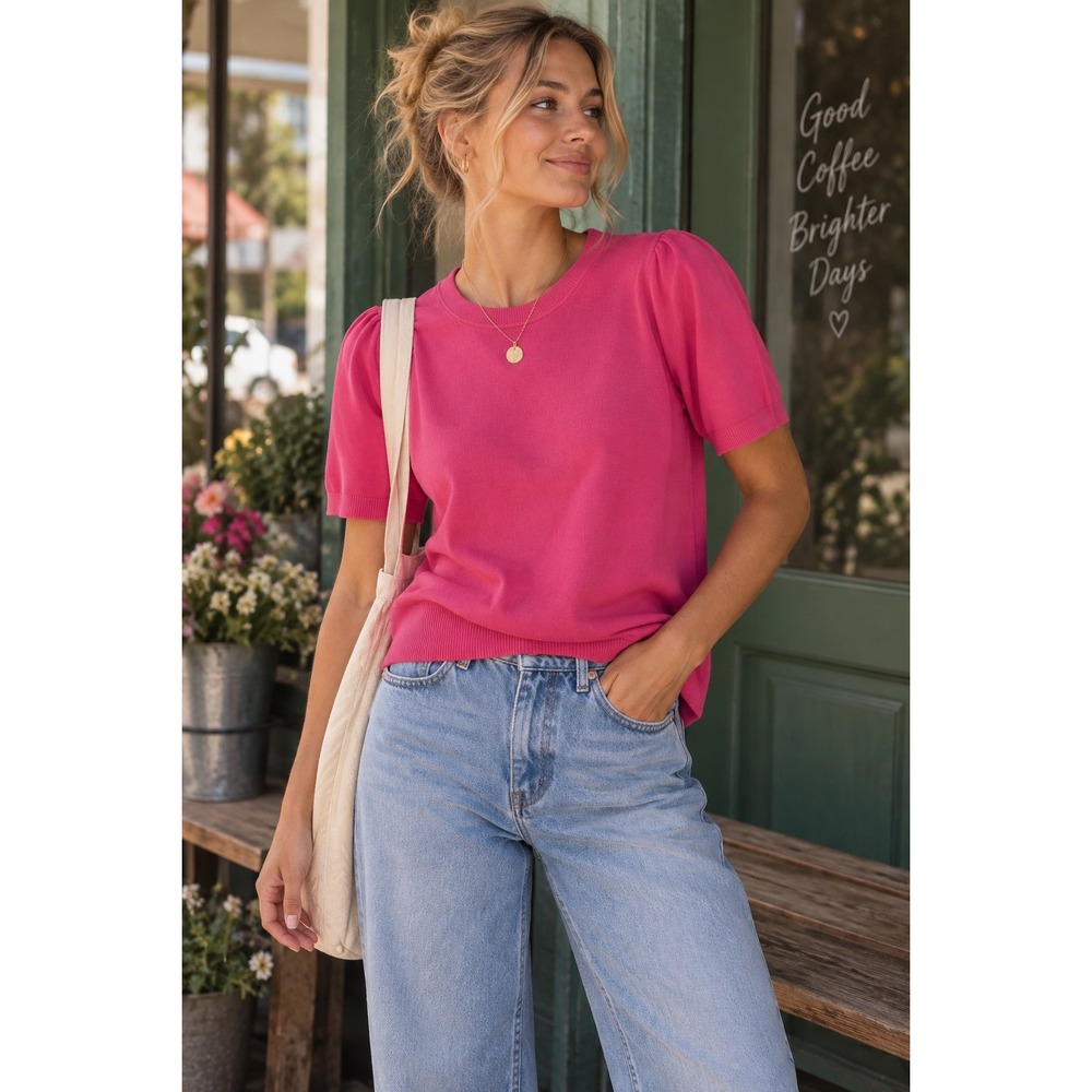 Boden Pink Short Sleeve Puff Shoulder Knit Sweater Top K0505 Size M